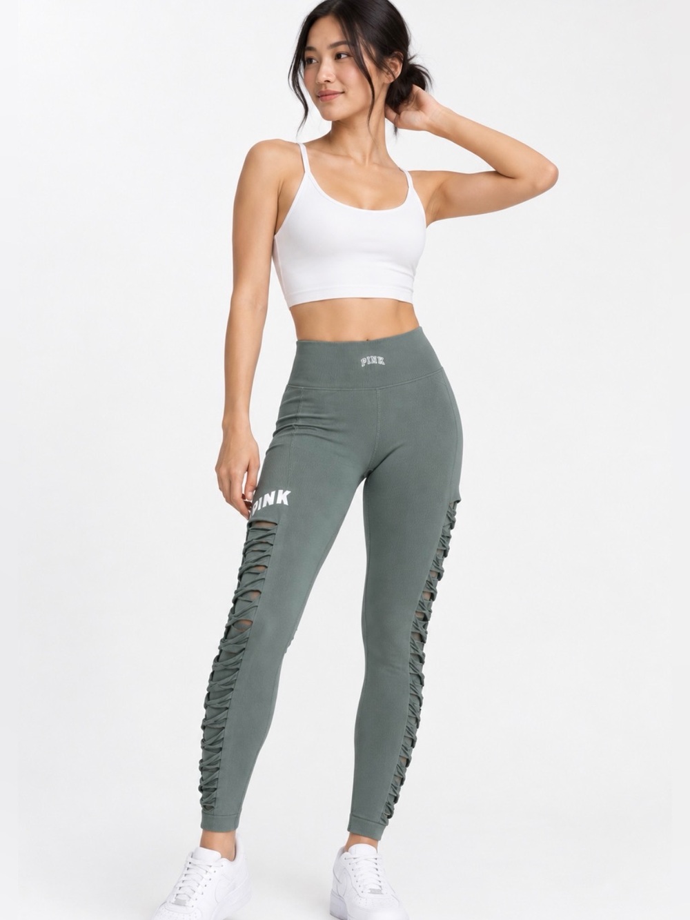 PINK Victoria's Secret Olive Green High-Waist Lace-Up Side Leggings